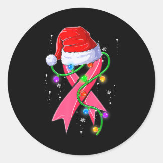Pegatina Redonda Navidades de cáncer de mama Santa Hat Cinta rosa