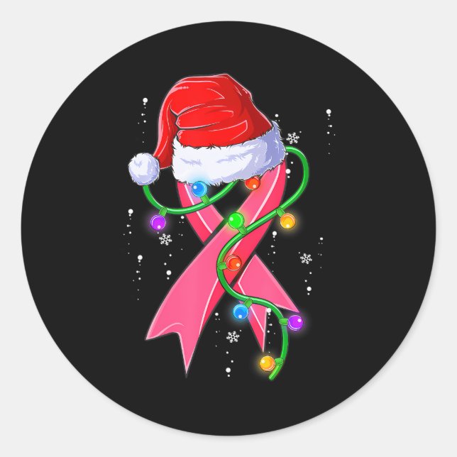 Pegatina Redonda Navidades de cáncer de mama Santa Hat Cinta rosa (Anverso)