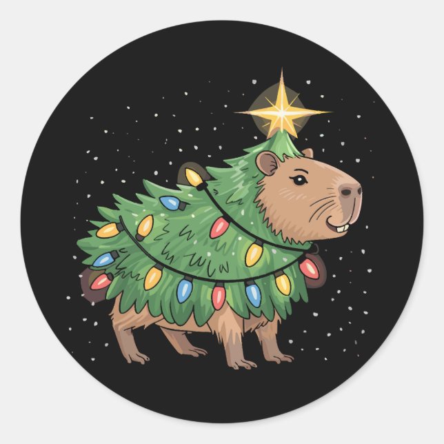 Pegatina Redonda Navidades de Capybara Regalos Capy Gracioso Árbol  (Anverso)