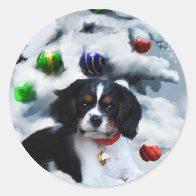 Pegatina Redonda Navidades de Cavalier King Charles Spaniel (Anverso)