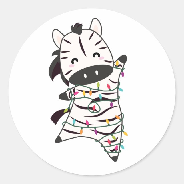 Pegatina Redonda Navidades De Cebra Luces De Hadas Cutan Animales P (Anverso)