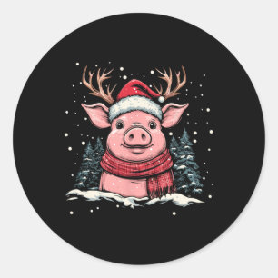 Pegatina Redonda Navidades de Cerdo Reindeer Santa Hat