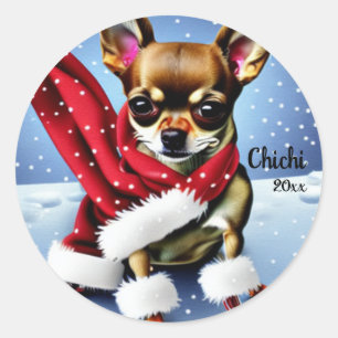 Pegatina Redonda Navidades de Chihuahua, perro de Santa