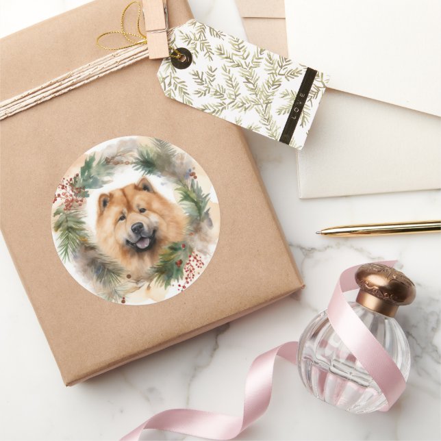 Pegatina Redonda navidades de chow Wreath Festimes Pup (Regalar)