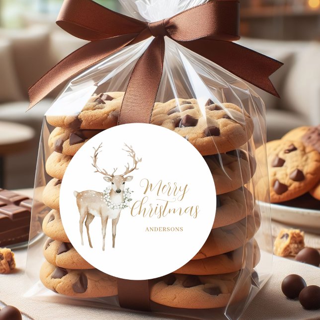 Pegatina Redonda Navidades de ciervos de acuarela personalizados (Subido por el creador)