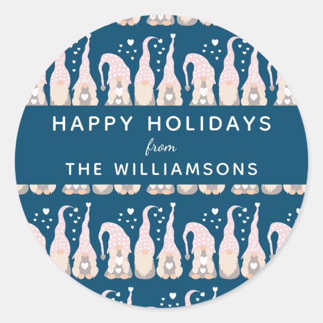 Pegatina Redonda Navidades de clase Gnome Familia Azul Personalizad (Anverso)