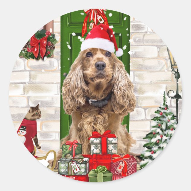 Pegatina Redonda Navidades de Cocker Spaniel Dog (Anverso)