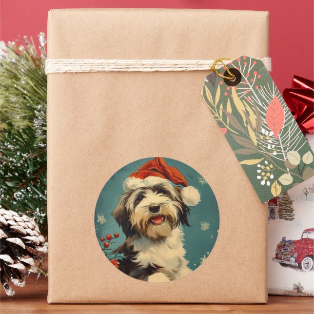 Pegatina Redonda Navidades de Collie con barba (Vacaciones)