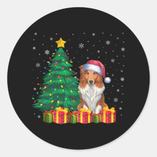 Pegatina Redonda Navidades de Collie Santa Hat iluminan a los perro