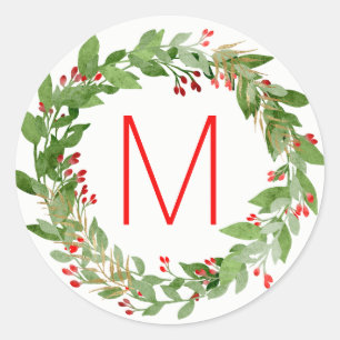 Pegatina Redonda Navidades de color de agua monogramo Wreath Seat