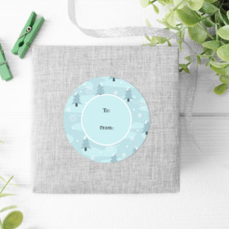 Pegatina Redonda Navidades de copos de nieve de árboles azules de l