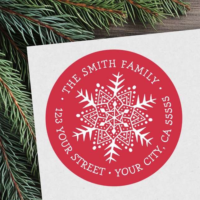 Pegatina Redonda Navidades de copos de nieve singulares dirección d (Whimsical snowflake Christmas red return address Classic Round Sticker)