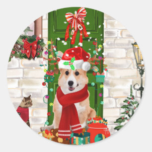 Pegatina Redonda navidades de corgi Dog