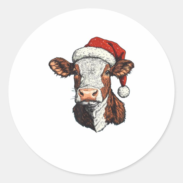 Pegatina Redonda Navidades de Cow Santa Hat (Anverso)
