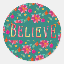 Pegatina Redonda Navidades de creencia floral festiva colorida