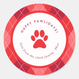 Pegatina Redonda Navidades de Cuadros Red Paw Print Happy Pawlidays