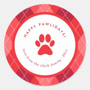 Pegatina Redonda Navidades de Cuadros Red Paw Print Happy Pawlidays