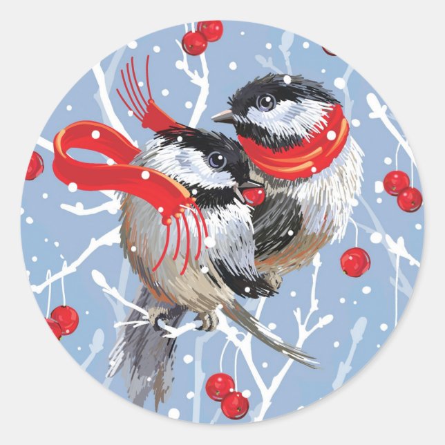 Pegatina Redonda Navidades de Cuddling Chickadees (Anverso)