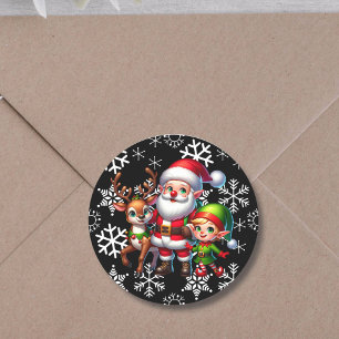 Pegatina Redonda Navidades de Cute Chibi Santa, Elf y Reindeer