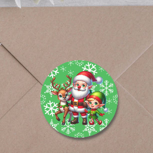 Pegatina Redonda Navidades de Cute Chibi Santa, Elf y Reindeer