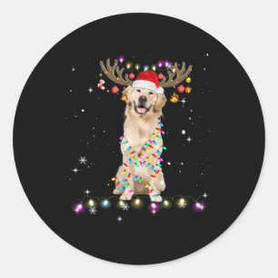 Pegatina Redonda Navidades de Cute Golden Retriever iluminan renos