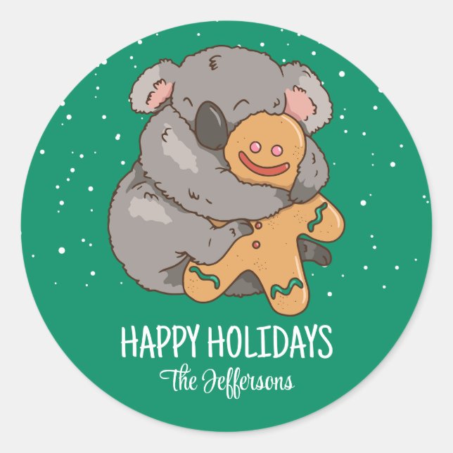 Pegatina Redonda Navidades de Cute Koala en vacaciones de invierno  (Anverso)