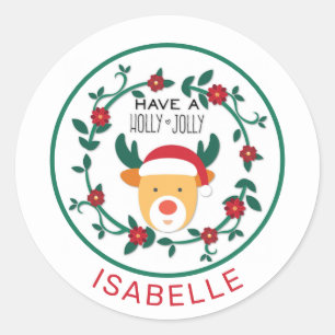 Pegatina Redonda Navidades de Cute Rudolph Reindeer Holly Jolly