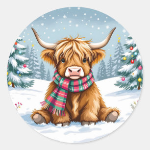 Pegatina Redonda Navidades de Cute Whimsical Highland Cow
