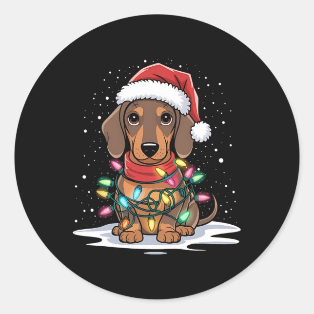 Pegatina Redonda Navidades de Dachshund alumbran a Santa Hat Dog Ho (Anverso)