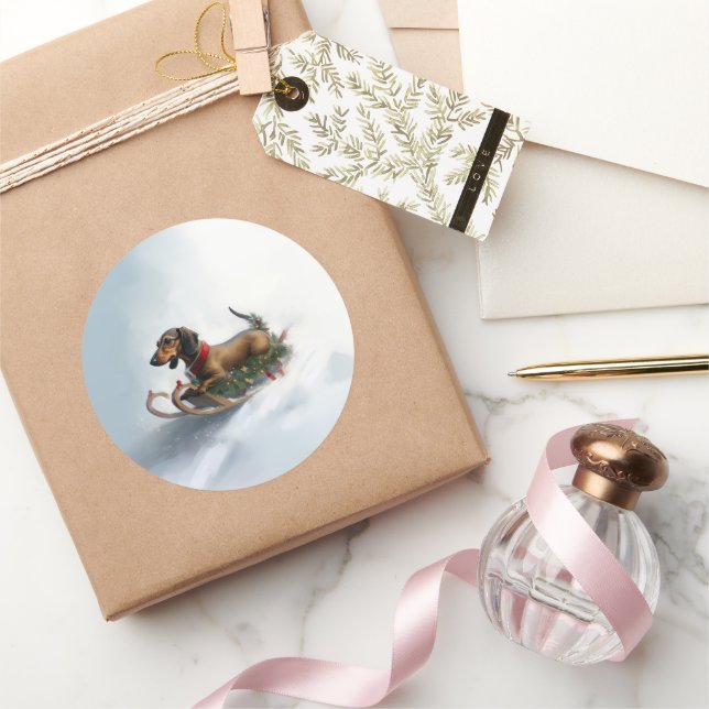 Pegatina Redonda Navidades de Dachshund en invierno (Regalar)