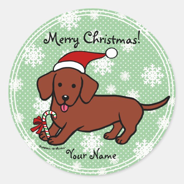 Pegatina Redonda Navidades de Dachshund Personalizado Snowflakes (Anverso)