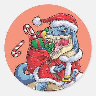Pegatina Redonda Navidades de Dinosaurios Hombres Santa Claus T rex