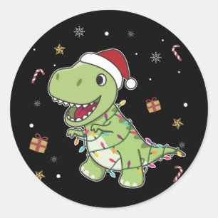 Pegatina Redonda Navidades de Dinosaurios Nieve Invierno T-Rex Dino