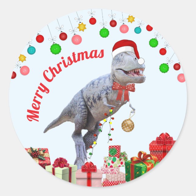 Pegatina Redonda Navidades de dinosaurios personalizados (Anverso)