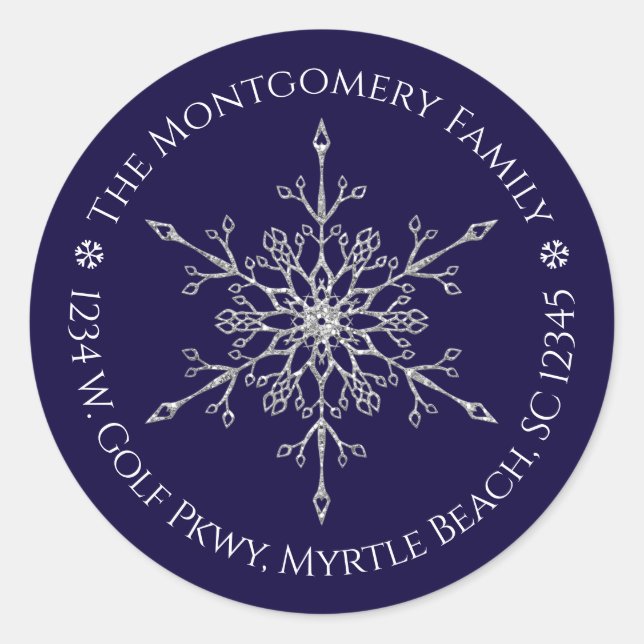 Pegatina Redonda Navidades de dirección de nombre de copo de nieve  (Anverso)