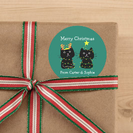 Pegatina Redonda Navidades de dos gatos lindo alumbran regalo perso