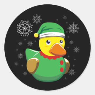 Pegatina Redonda Navidades de elfo del pato de caucho. Quack Rubber