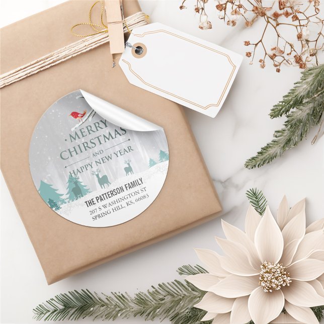 Pegatina Redonda Navidades de escena de nieve y dirección de saludo (Subido por el creador)