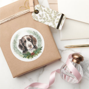 Pegatina Redonda Navidades de espaniel Springer Wreath Festive Pup