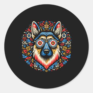 Pegatina Redonda Navidades de estilo de arte folclórico de perro pa