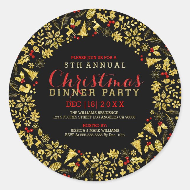 Pegatina Redonda Navidades de Faux Gold Purpurinas Wreath (Anverso)