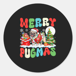 Pegatina Redonda Navidades de Feliz Pugmas Santa Pug Colorido disfr