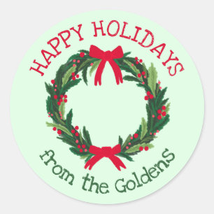 Pegatina Redonda Navidades de feriado de PERSONALIZADO Wreath manos