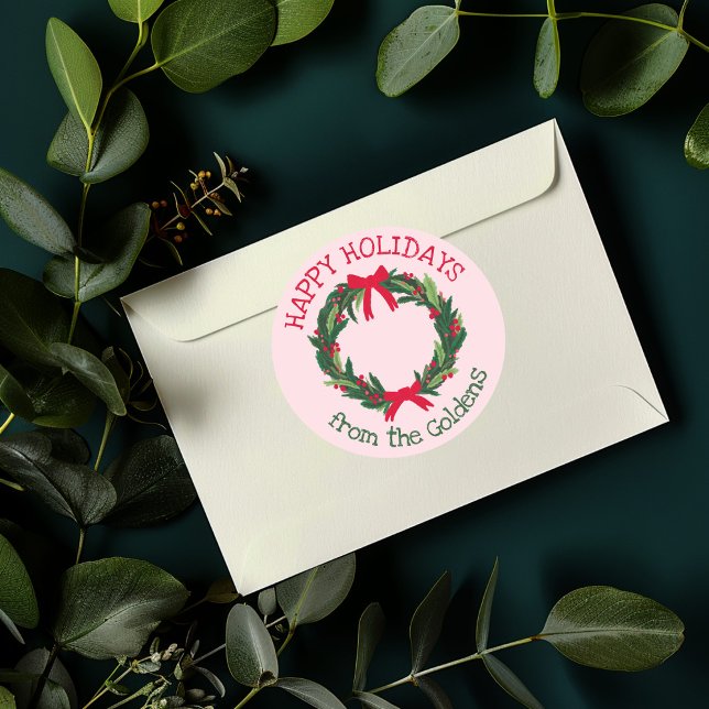 Pegatina Redonda Navidades de feriado de PERSONALIZADO Wreath manos (Hand Drawn Wreath CUSTOM Holiday Christmas Classic Round Sticker
)