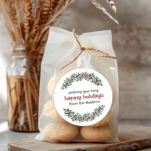 Pegatina Redonda Navidades de feriado PERSONALIZADO Garland Doodle  (Garland CUSTOM Holiday Christmas Doodle Wreath Classic Round Sticker
)