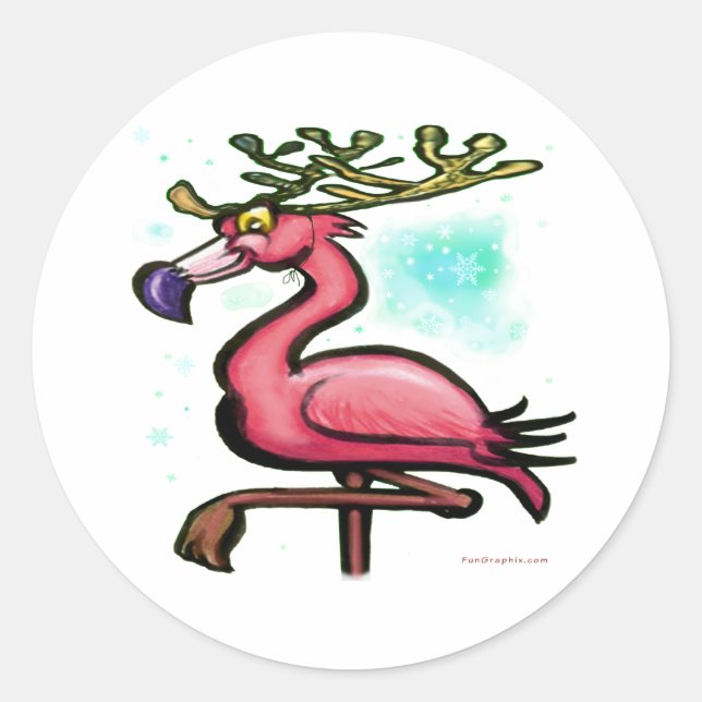 Pegatina Redonda Navidades de Flamingo reno (Anverso)