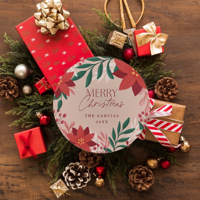 Pegatina Redonda Navidades de flores de Poinsettia (Round Christmas gift sticker with poinsettias and botanicals)