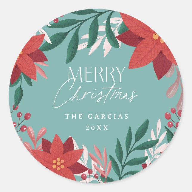 Pegatina Redonda Navidades de flores de Poinsettia (Anverso)