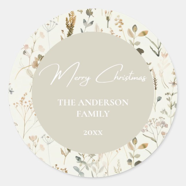 Pegatina Redonda Navidades de flores silvestres botánicas rusas (Anverso)