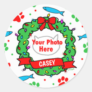 Pegatina Redonda Navidades de fotos de gato Patrón de escritura